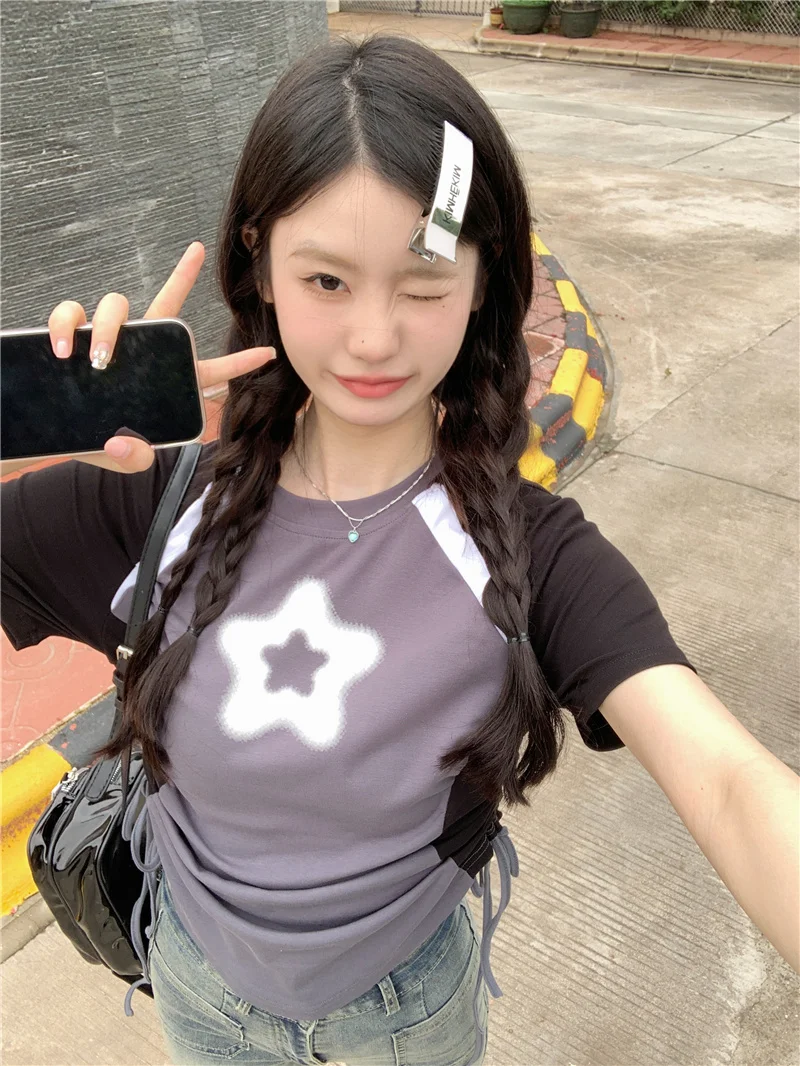 

Fashion Woman Tshirts Korean Summer Crop Tops O-neck Short Sleeve Casual Tees Contrast Color Drawstring Y2k T Shirt Ropa Mujer