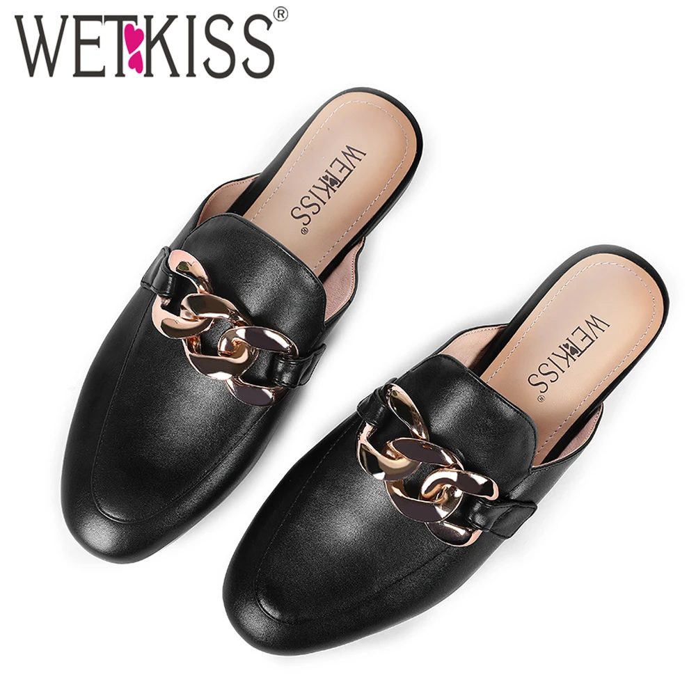 

WETKISS 2022 New Women Slippers Gold Chain Slippers Mules Round Toe Low Heel Slip on Summer Shoes Big Size 42