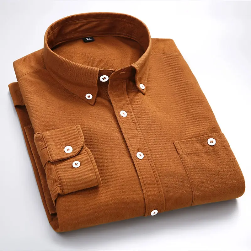 Men's Corduroy Shirt New Arrivals Cotton Spring Autumn Slim Fit White Blue Black Smart Male Casual Shirt Solid Long Sleeve