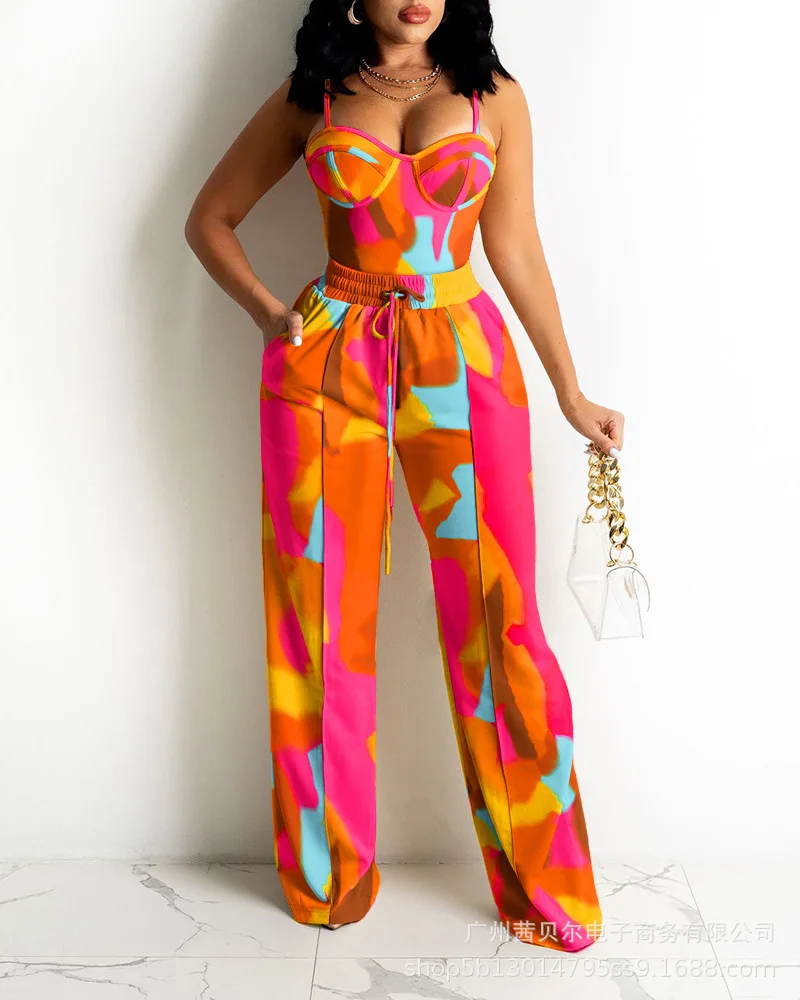 

Sexy Vest Drawstring Three-dimensional Printed Suspender Wide Leg Suit