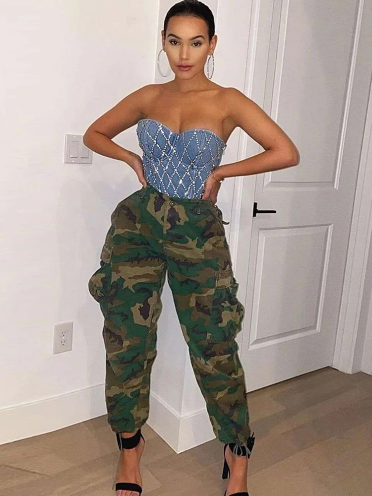 

Safari Styie Camouflage Jogger Pants for Women Fashion High Waist Double Side Pockets Trouser Streetwear Running Sporty Capris