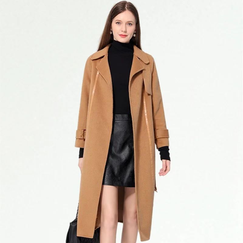 CARECODE Maternity Cashmere Wool Long Coat Winter Fashion Raglan Sleeve Turn-down Collar Belt Wind Breaker Women's Coat