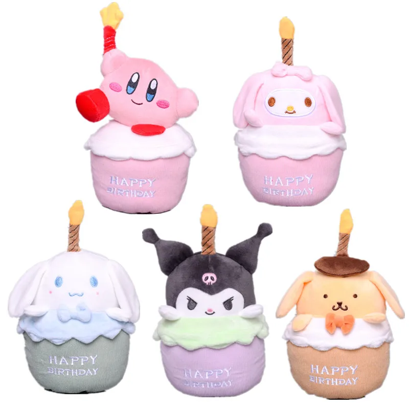 

20CM Kawai Cartoon Anime Star Kirby My Melody Cinnamoroll Kuromi Birthday Cake Shape Plush Doll Toy with Music Candles Kids Gift