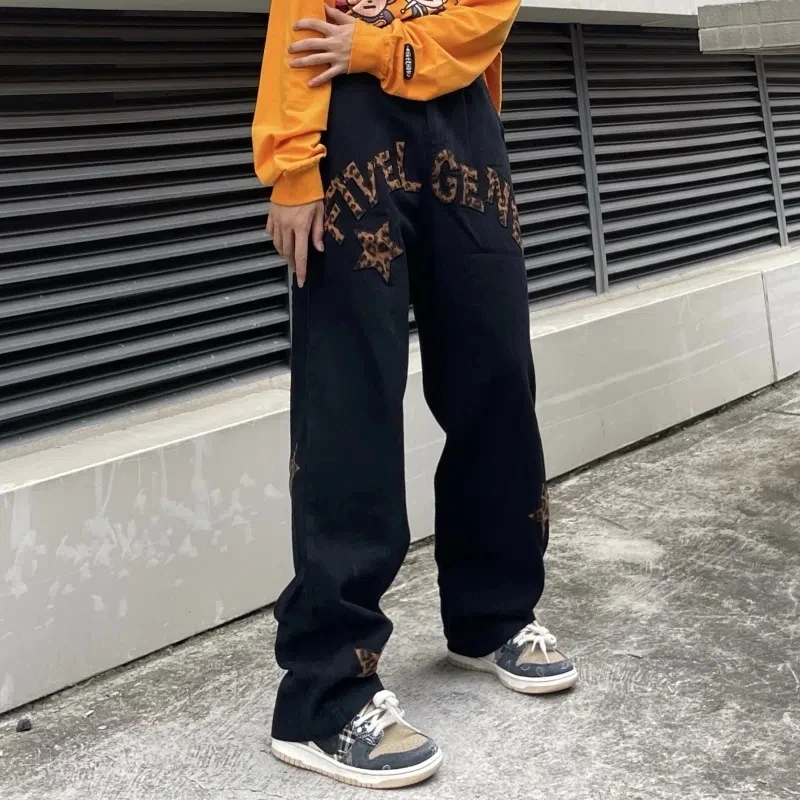 Autumn Winter Star Embroidered Jeans Men'S Fashion Brand Straight Loose Hip Hop Fried Street Wide Leg Pants Streetwear Unisex