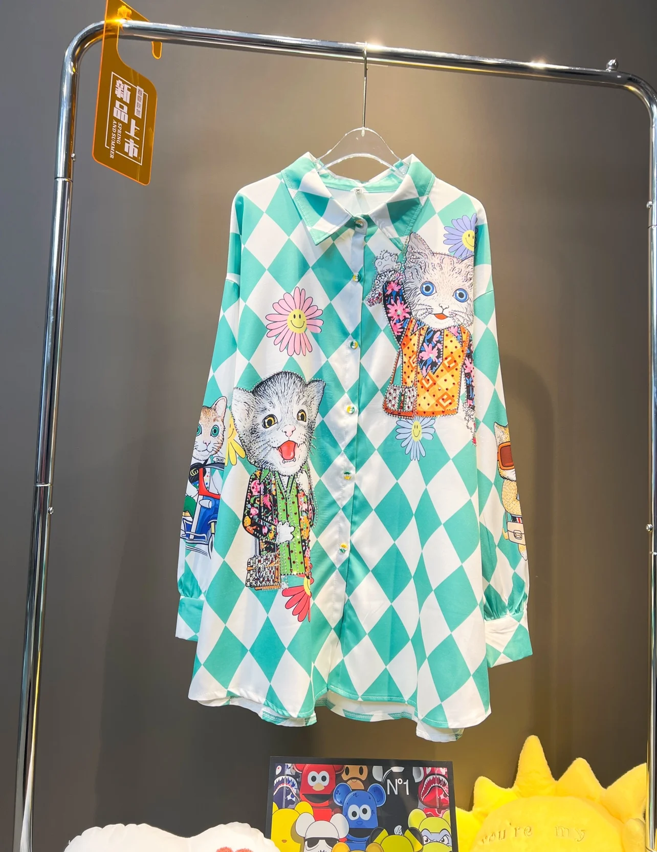

Trendy Women Shirt 2022 New Spring Summer Chic Diamond Cartoon Printing Cardigans Coat Mid-length Loose Streetwear Blouses