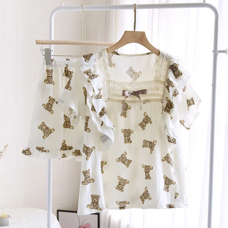 Lace Cotton Crepe Pajamas Set Woman Summer Nightwear Short Sleeve Shorts Cartoon Bear Square Collar Thin Korean Home Clothes Pjs