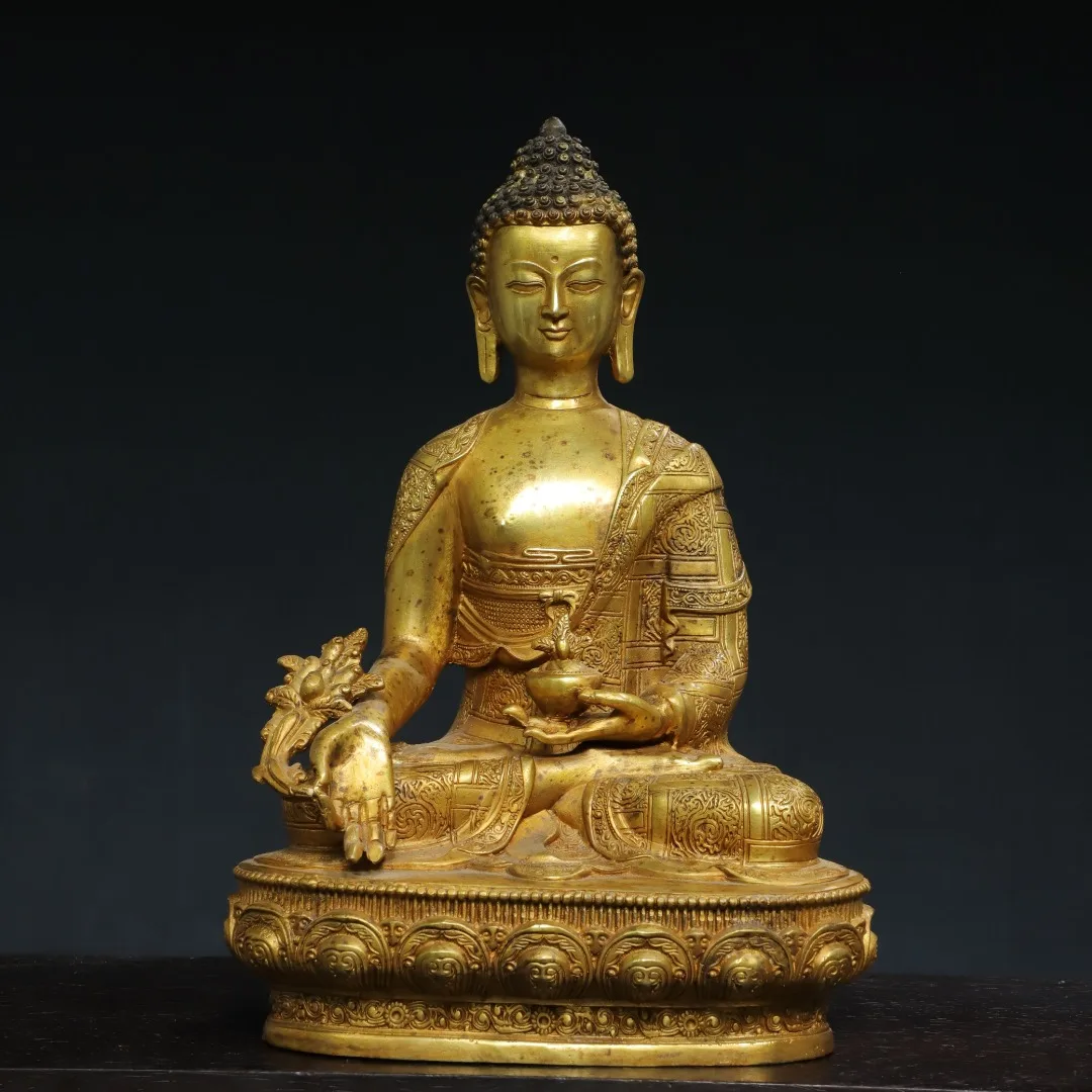 

11"Tibetan Temple Old Bronze Cinnabar Gilded Phra Kring Bhaisajyaguru Medicine Buddha Lotus Terrace Worship Hall Town house