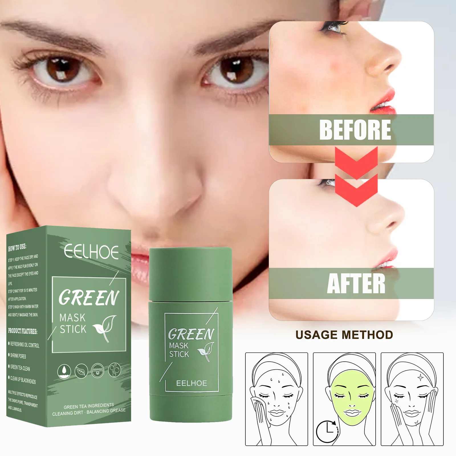 

EELHOE Mask Stick Green Tea Deep Cleansing And Hydrating Solid Mask Shrinkage Facial Applicator Mud Mask Stick