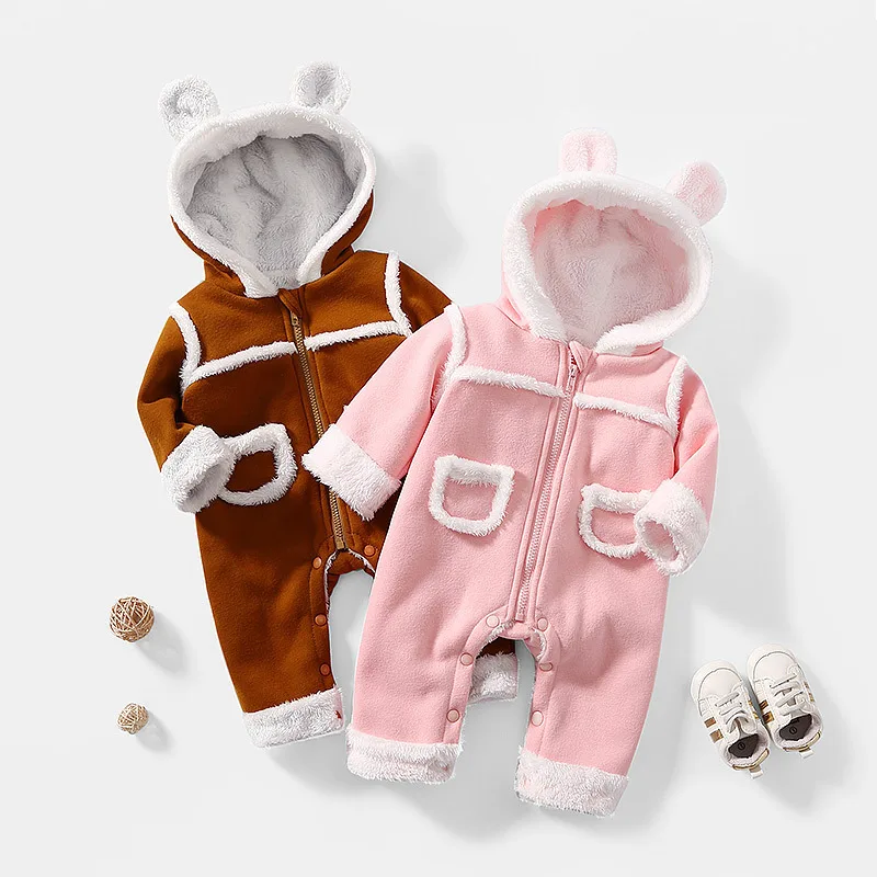 

Baby clothes autumn and winter jumpsuit men and women baby hooded children cute plus velvet long-sleeved romper