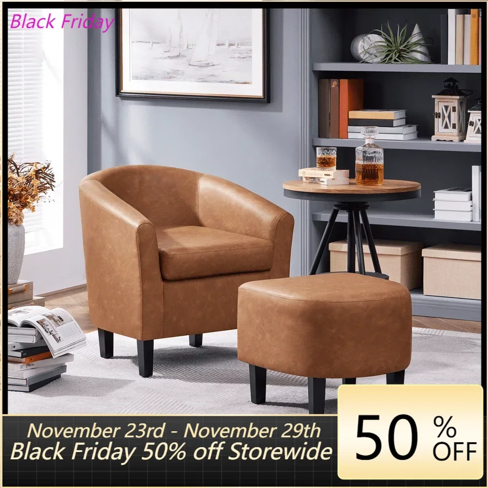 

Barrel Accent Chair with Ottoman Living Room Chairs, Brown Faux Leather