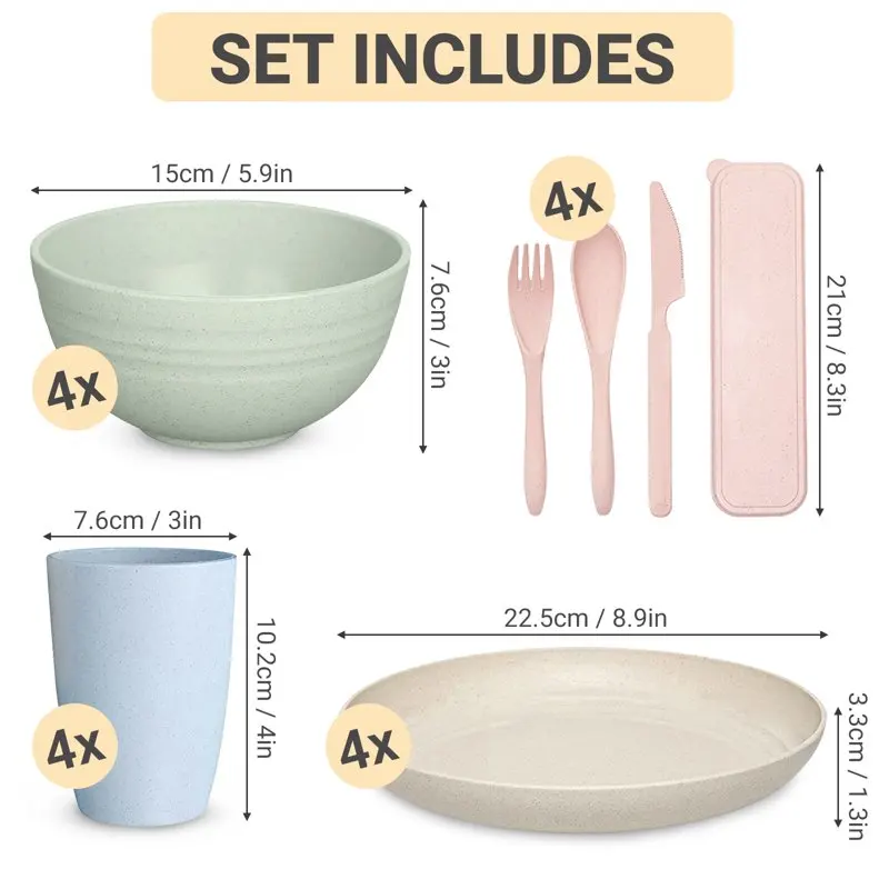 

Natural Wheat Straw Dinnerware Sets by - Kid-, Light and Super Strong Dishes - Freezer, & Dishwasher Safe 28 PCS Set