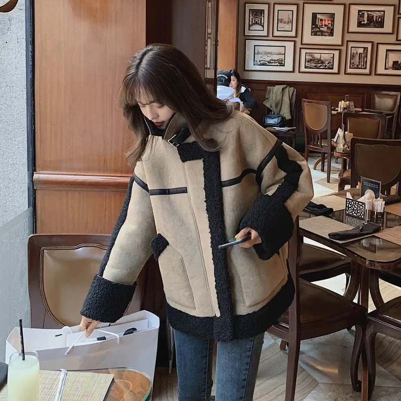 Lamb Hair Long-sleeved Jacket Women's Fashion Winter 2021 Women's Korean Chic Loose Thick Retro Fur All-in-one Motorcycle Suit