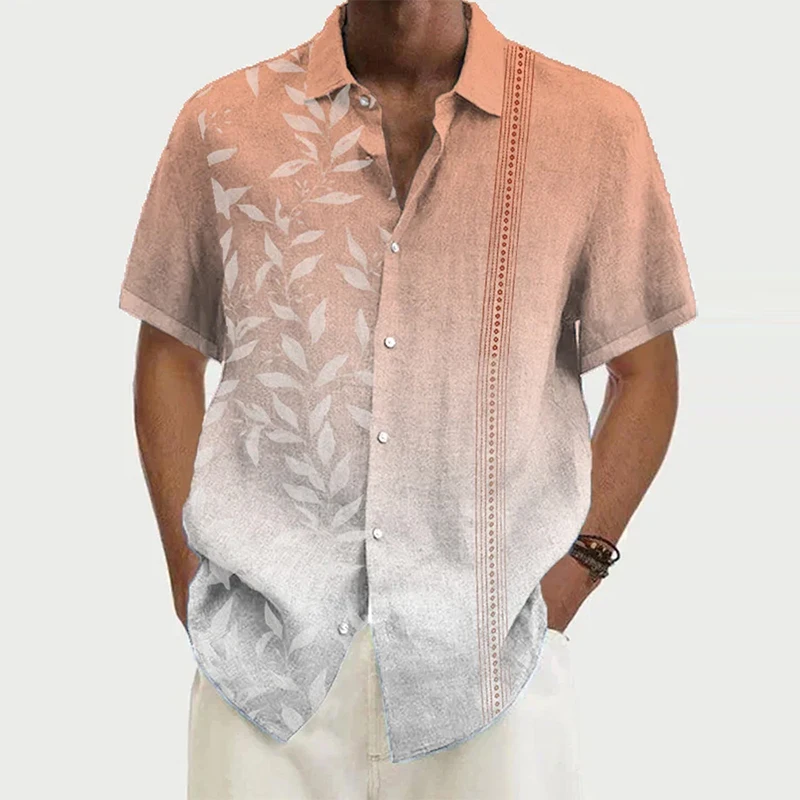 

Fashion Leafs Print Gradient Color Loose Shirt Men's Short Sleeve Turn-down Collar Buttoned Shirts 2023 Summer Casual Streetwear