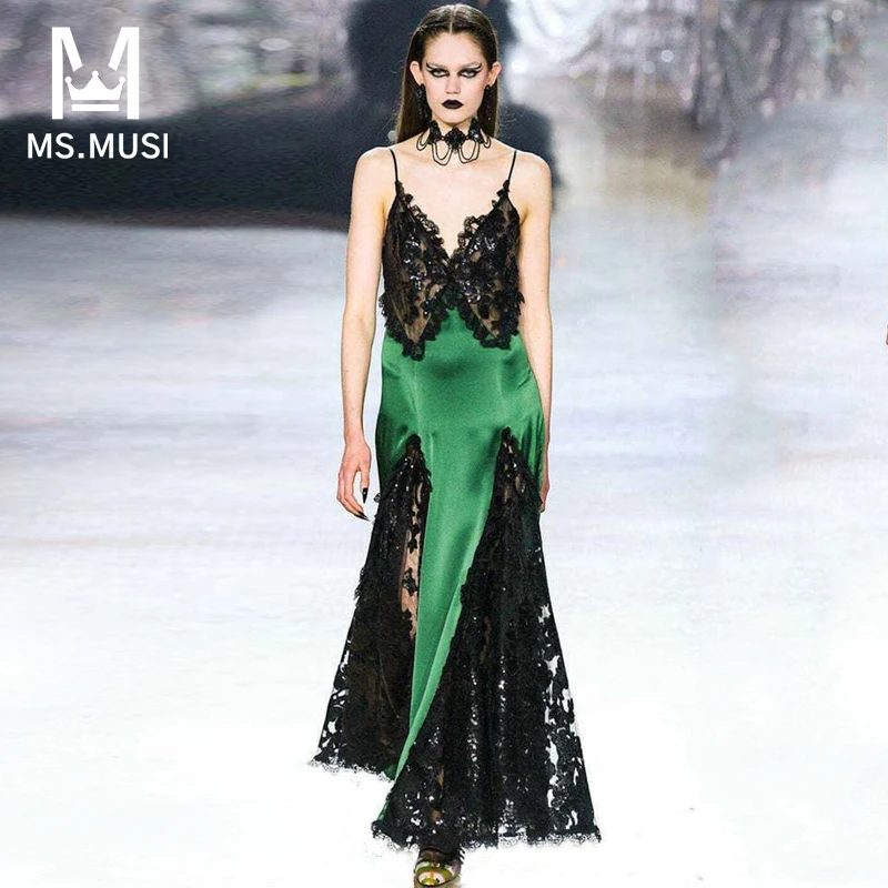 

Новинка 2023, модное женское сексуальное кружевное Сетчатое атласное платье MSMUSI без рукавов с открытой спиной, облегающее платье-макси с разрезом