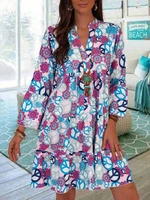 2022 women pattern print long sleeve dress boho robe casual loose short dress v neck elegant vintage party summer vestidos