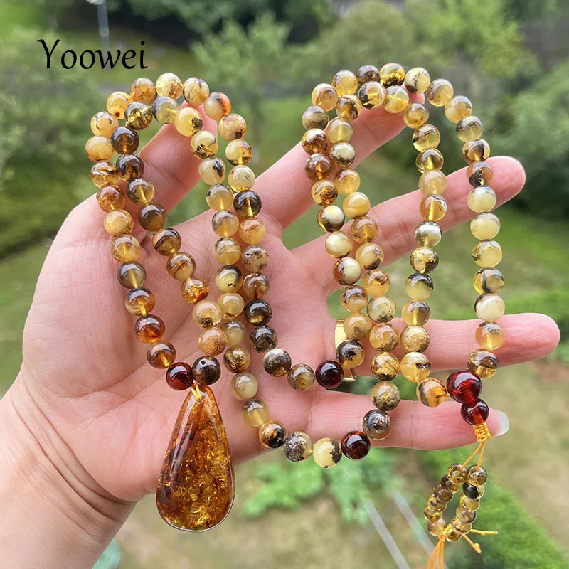 

8mm 42g Amber Pendant Necklace 2023 New Baltic Real Plant Floral 108 Rosary Prayer Mala Bead 100% Natural Stone Jewelry Supplier