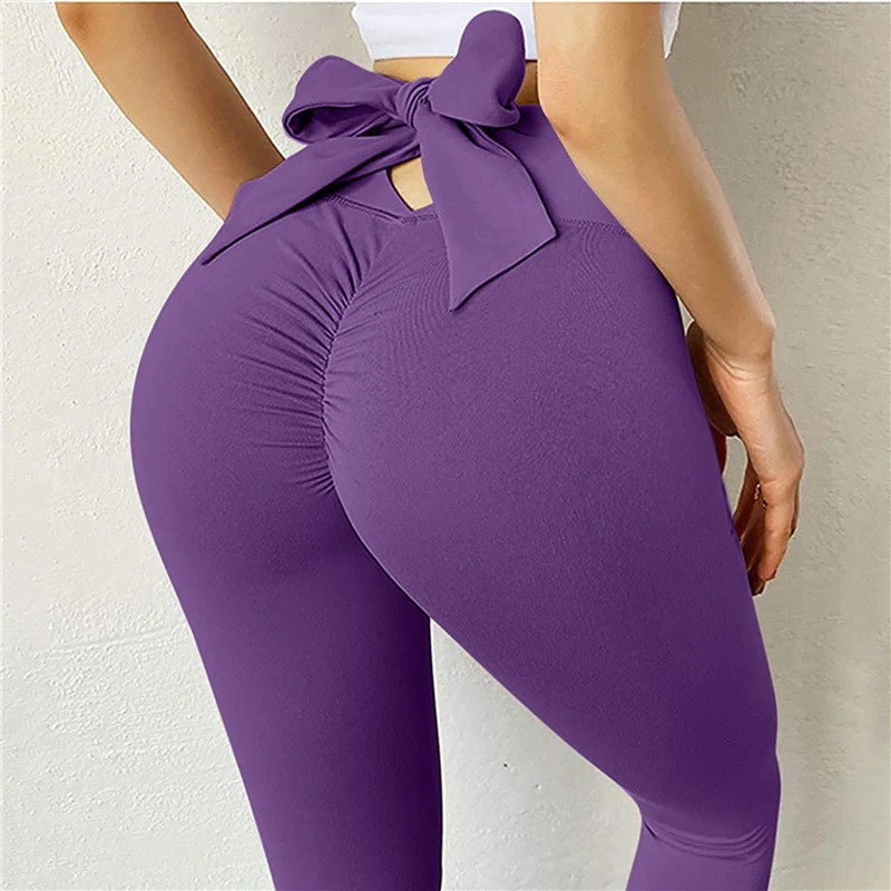 Women High Waist Leggings For Fitness Ladies Sexy Big Bow Gym Sport Workout Leggings Push Up Fitness Female Leggins Purple Black