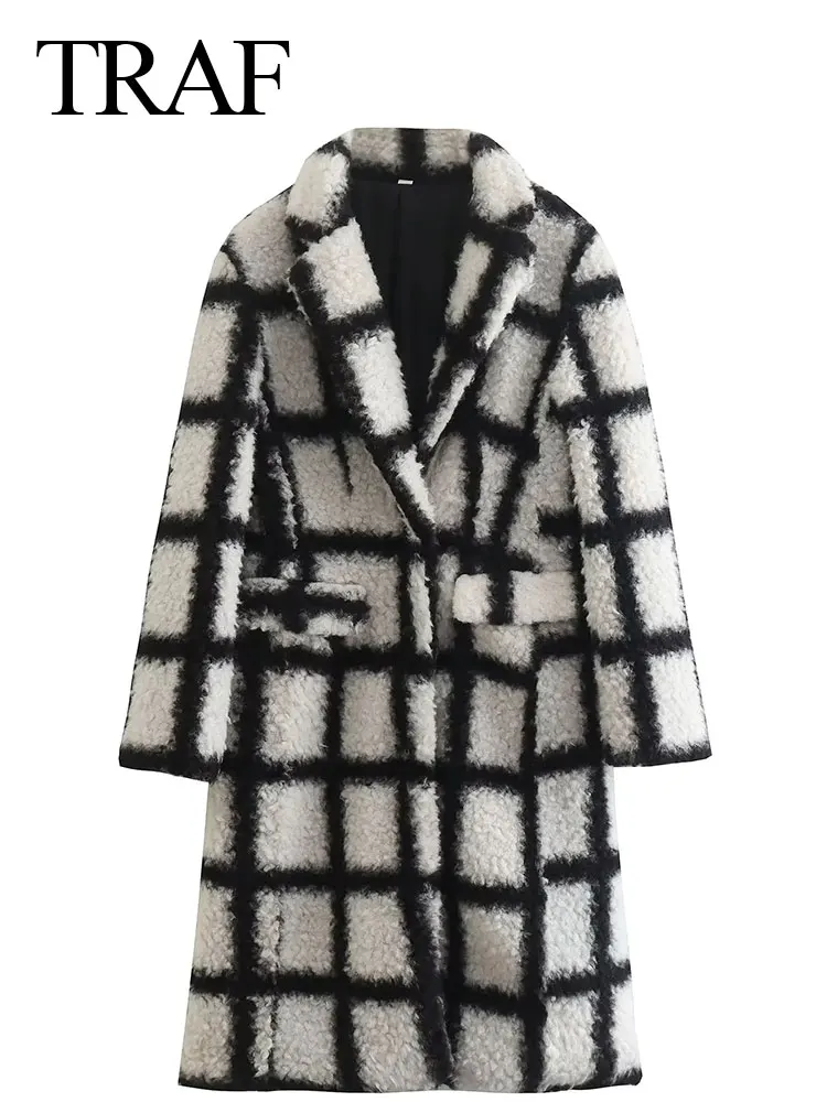 TRAF Women's Long Coats Black White Checked Plush Coat Vintage Lapel Long Sleeve Single Breasted Jackets Winter Outerwear