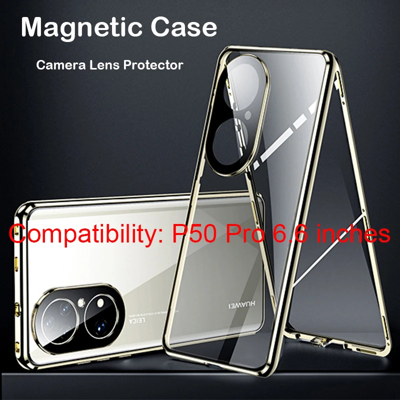 Coque P50 Pro Case 360 Full Magnetic Case For Huawei P50 Aluminum Metal Bumper Tempered Glass Film Camera Lens Protector Cover