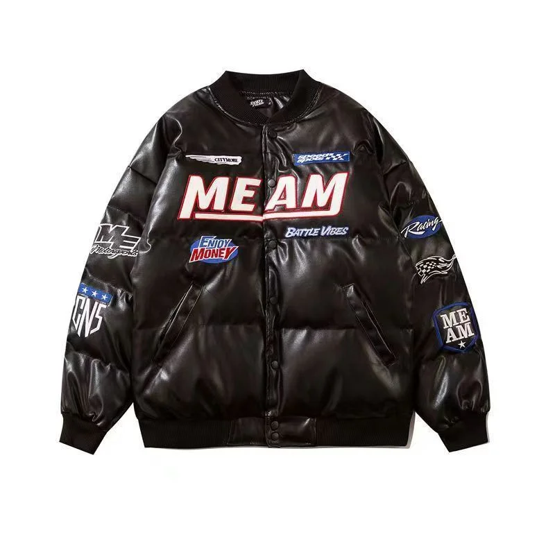 American Retro Embroidered PU Leather Thickened Baseball Jacket High Street Vibe Hip-hop Loose Clothes Winter Coat Men Streetwea