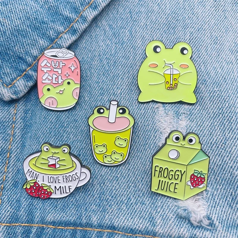 Cartoon Cute Animal Green Frog Enamel Brooch Strawberry Milk Pop Can Drink Coffee Alloy Pins Badge Fashion Jewelry Gift For Kid