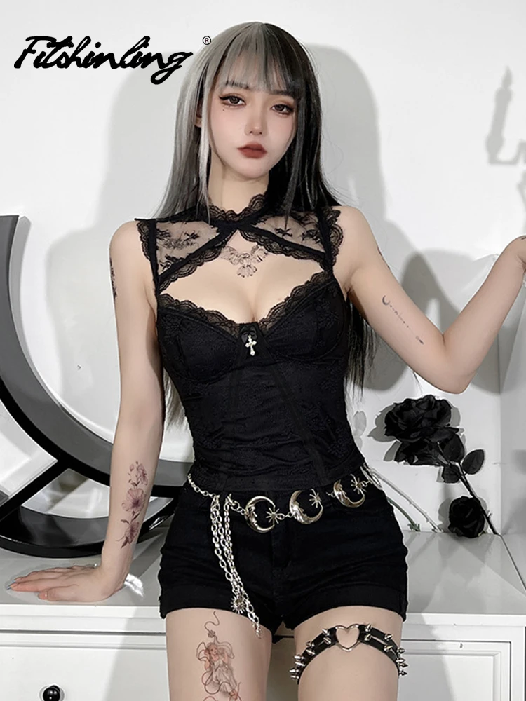 

Fitshinling Goth Lace Patchwork Tanks Gothic Halter Hollow Out Cropped Top Summer Dark Punk Street Style Camisole Feminino Slim