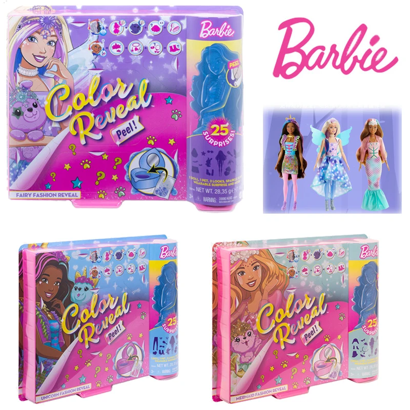 

Barbie GXY20 Color Reveal Peel Fairy Fashion Doll Set with 25 Surprises Blue Peel-able Doll Pet 16 Mystery Kids Birthday Gift