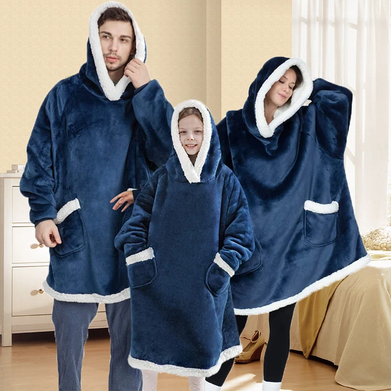 

2023 Winter Warm TV Blanket with Sleeves Big Pocket Fleece Family Sherpa Hoodies Oversized Flannel Soft Hooded Robe Blankets