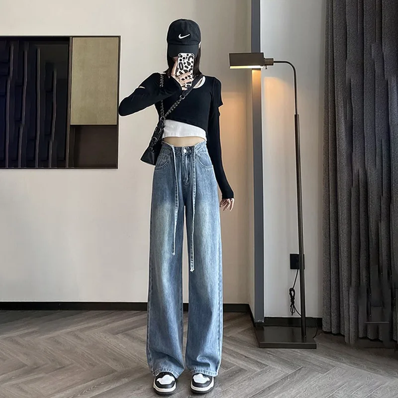 

High-waist Drawstring Baggy Jeans Women Korean Style Sping Summer Women's Streetwear Denim Pants Wide-leg Y2k Fashion Trousers