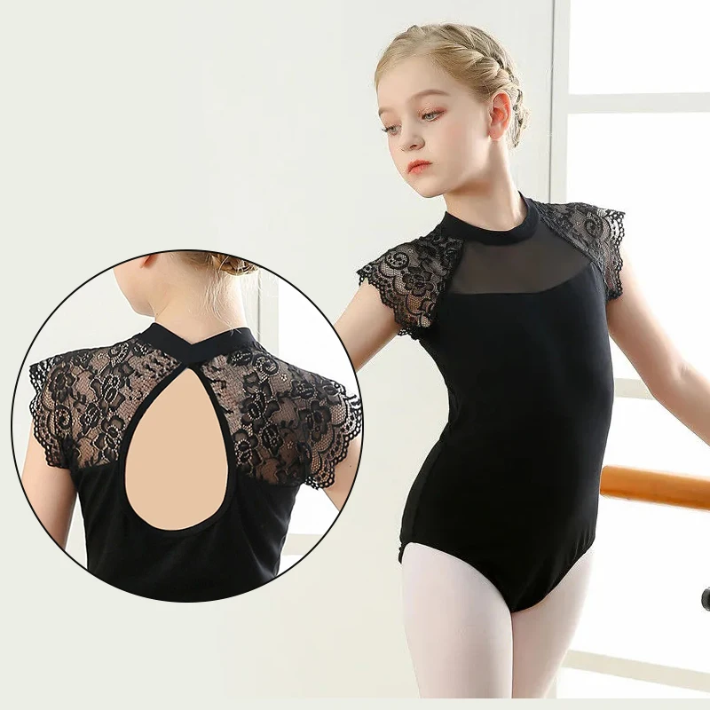 RUYBOZRY Girl's Ballet Leotard Dress for Dance Two Piece Set Short Sleeve Lace Gymnastics Leotards Tutu Dance Skirt Outfit