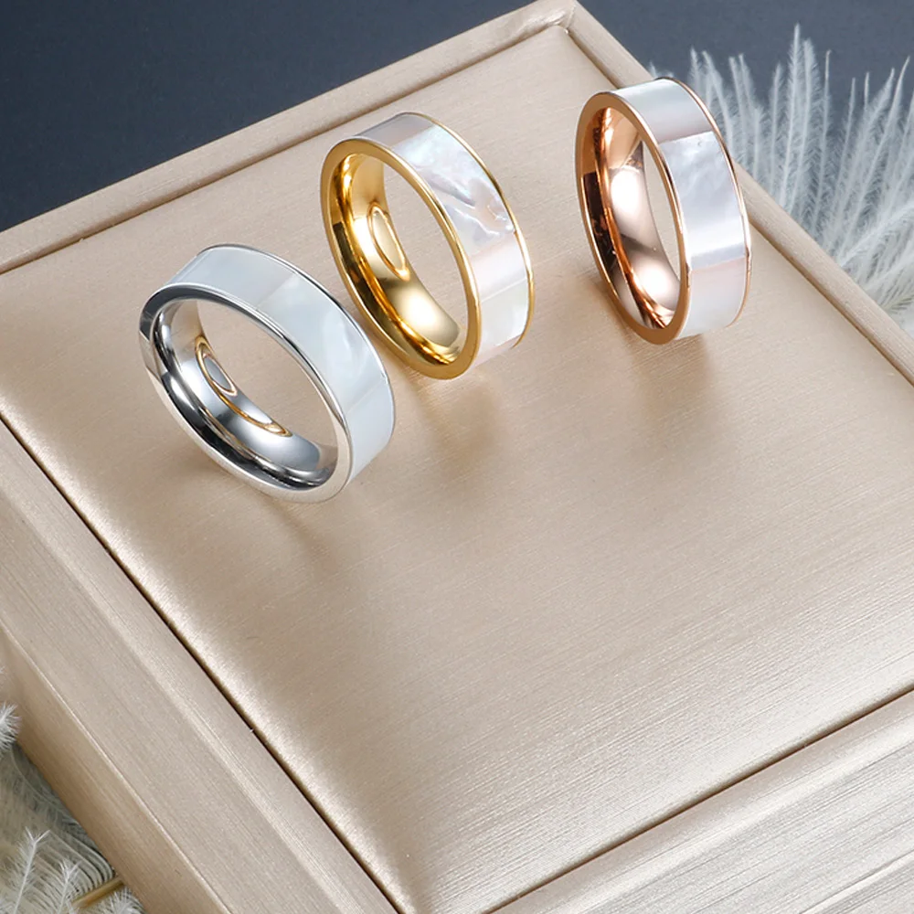 

Stainless Steel Shell Inlay Thin Stackable Ring Wedding Band for Women Girl Men Unisex New Fashion Trendy Wholesales Jewelry