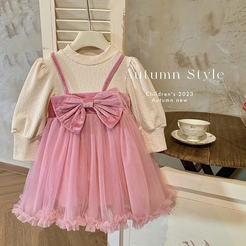 

Girls' Princess Spring and Autumn 2023 Dress Baby Girls' Long Sleeve Mesh Skirt Autumn Fashionable Fake Two-Piece Mesh