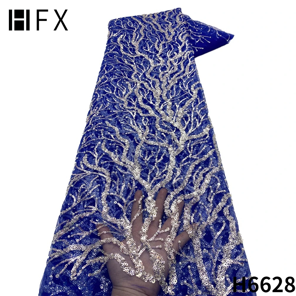 

HFX African Sequin Lace Fabric 2022 High Quality Nigerian Net Mesh Lace Fabrics French Embroidery Sequence Lace Fabric F6628