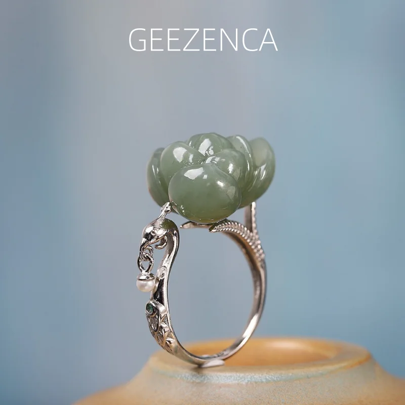 

Женское Винтажное кольцо GEEZENCA из серебра пробы с натуральным нефритом, жемчугом и лотосом, роскошное высококачественное открытое коктейльное кольцо, подарок