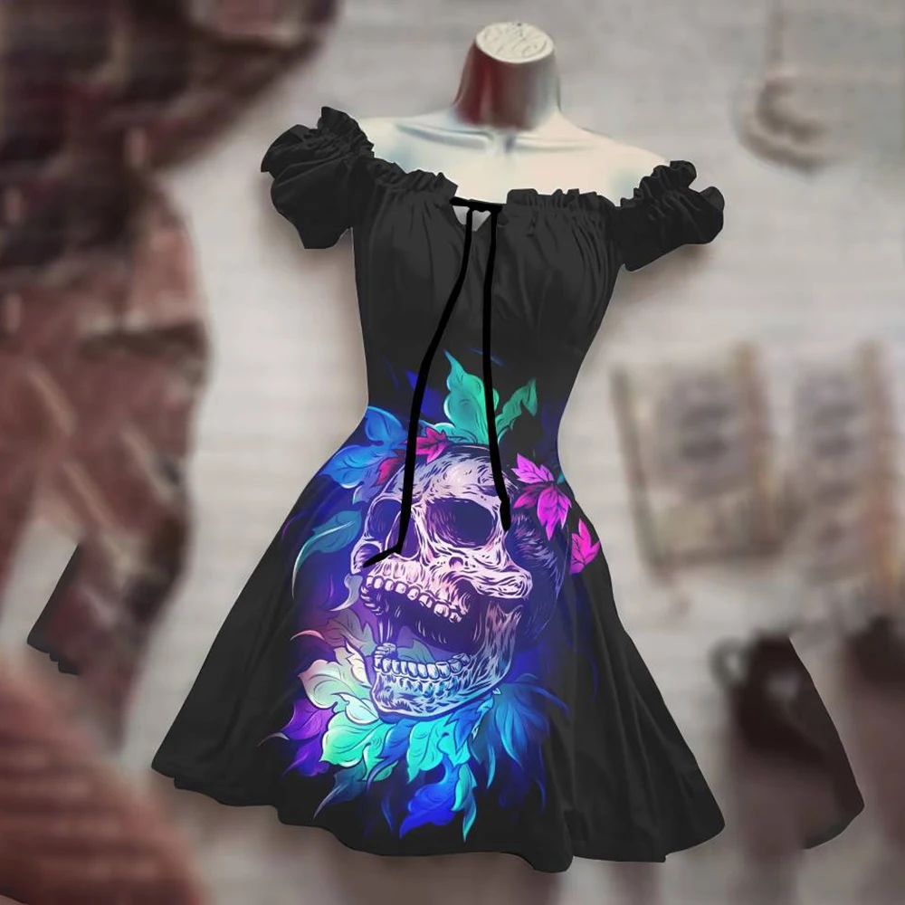 

Summer New Fashion 3D Print Halloween Party Temperament Commuter Drawstring Puff Sleeve High waist Mini Dress Women's Vestido