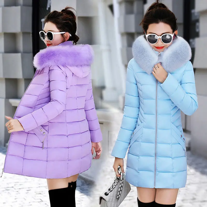 Women's Fashion Winter Jacket Pure Cotton Pure Color Hooded Large Fur Collar Warm Thick Casual Loose Parka Coat Jacket