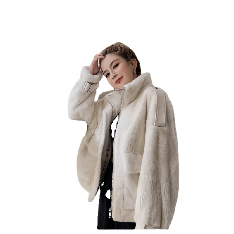 Ms Locomotive Style Dangdao Imported Marten Overcoats Womens Short Whole Mink Stand Collar Mink Fur Coat