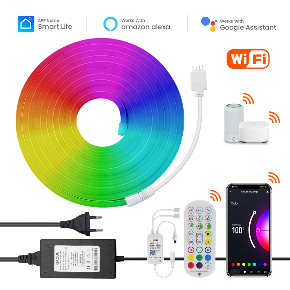 Фото 24 В светодиодные ленты неоновые огни Tuya WiFi Bluetooth RGB неоновая вывеска лента декор комнаты Smart Life Alexa Google Home Fita de led с регулируемой яркостью №2