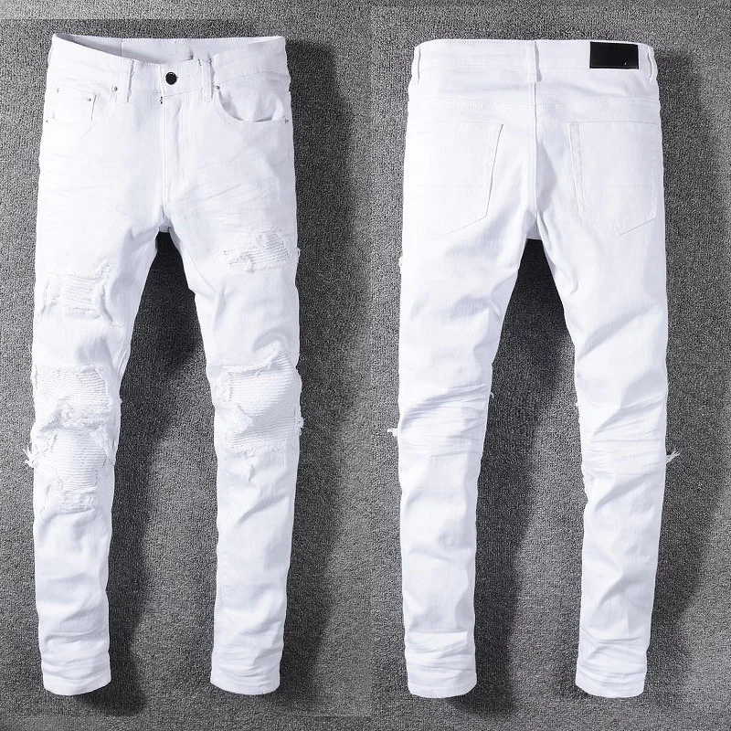 

White Slim Fit Mens High Street Denim Pants Korean Fashion Style Destroyed Bandana Ribs Patches Distressed Skinny Ripped Jeans