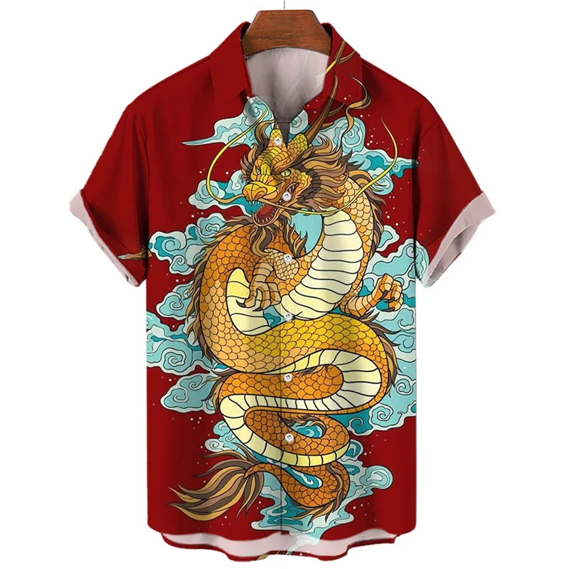 Men's Hawaiian Oversized Short Sleeve Shirts 3D Dragon Printed Harajuku Fashion Buttoned Christmas Anime Vintage Streetwear Hot