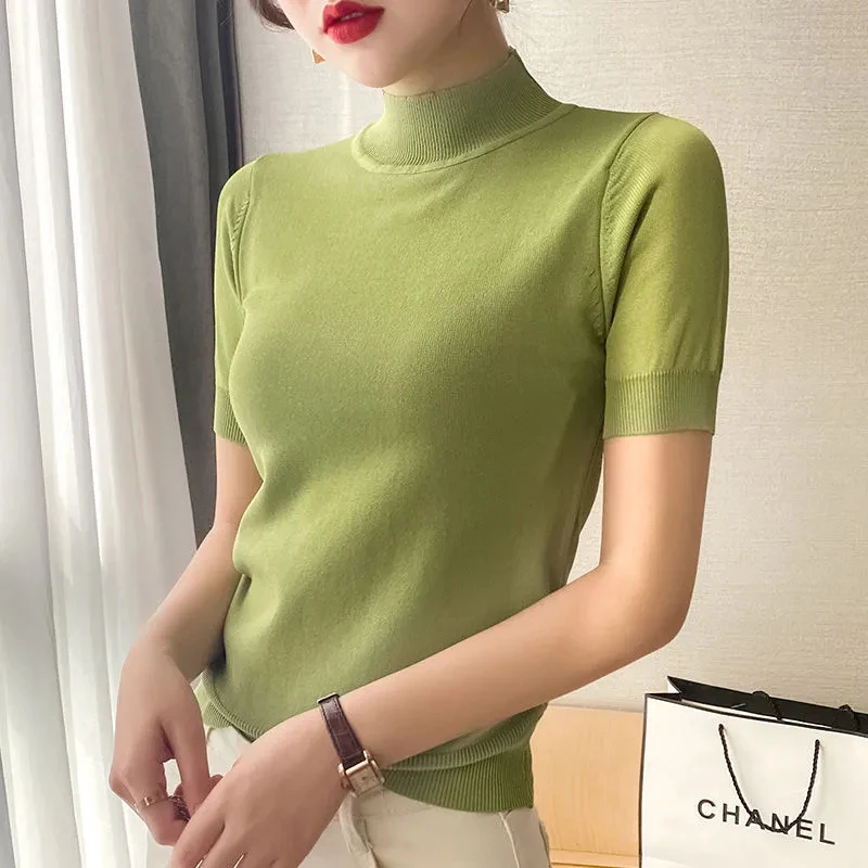 

Solid Color Simple Half High Collar Short Sleeve Knitted Sweater Korean Loose Plus Size 3xl Pullover Sweater Women Basic Sweater