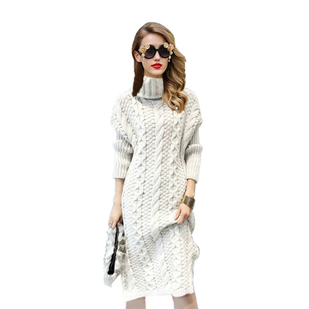 Осень 2022 длинное вязаное платье-свитер с высоким воротником Модный пуловер