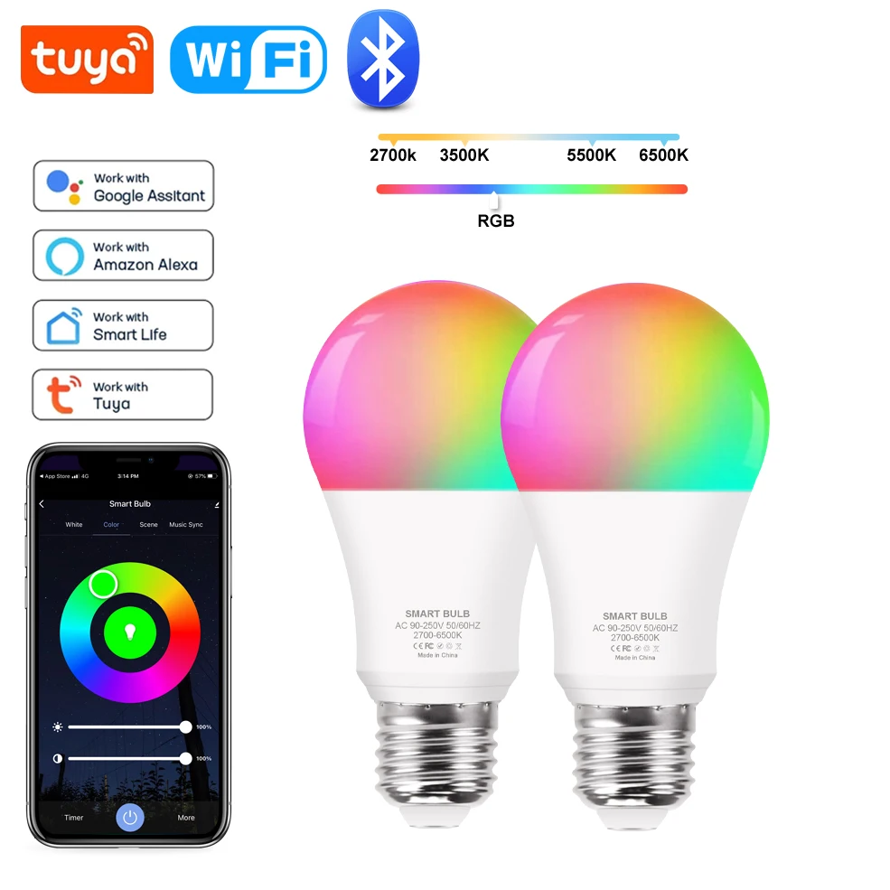 Tuya Wifi Smart Bulb 12W Alexa Led Lamp E27 RGB Smart Light Bulbs 110V 220V Smart Lamps Works With Google Assisatnt Smart Life