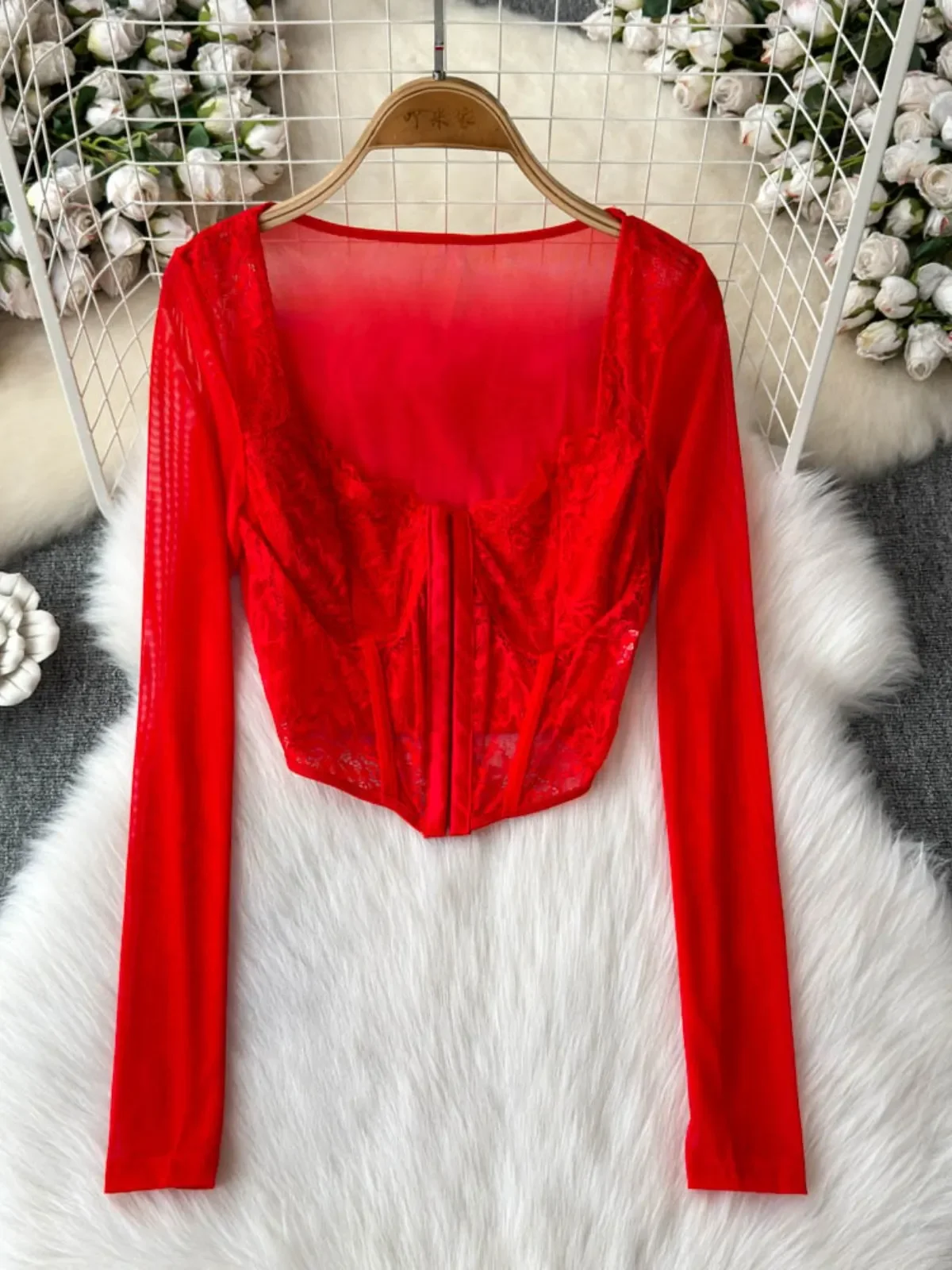 Foamlina Сексуальная футболка с квадратным вырезом и кружевной сеткой длинными