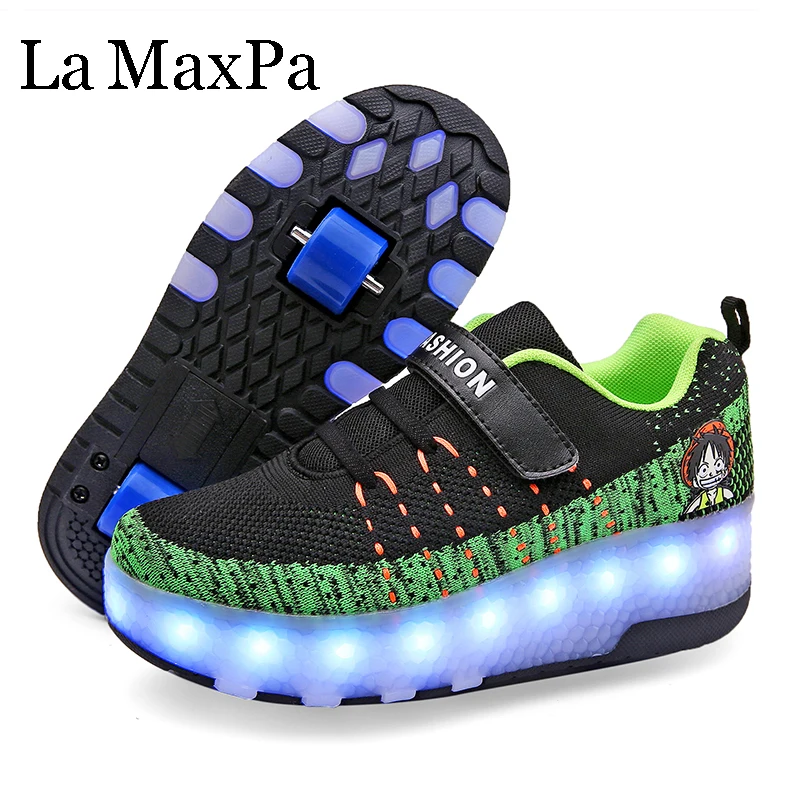 

Size 28-40 Luminous Wheel Sneakers USB Charging Light Shoes LED Flashing Boys Girls Double Wheels Roller Skate Sneakers Glowing
