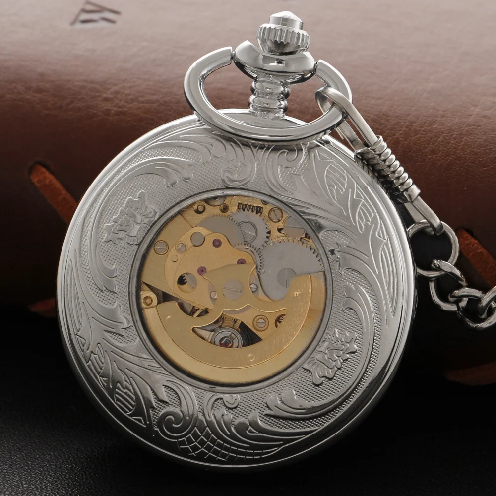 New Exquisite Pattern Sculpture Mechanical Pocket Watch with Fob Chain Men's Hollow-Out Skeleton Dial Fashion Pocket Watch Gift