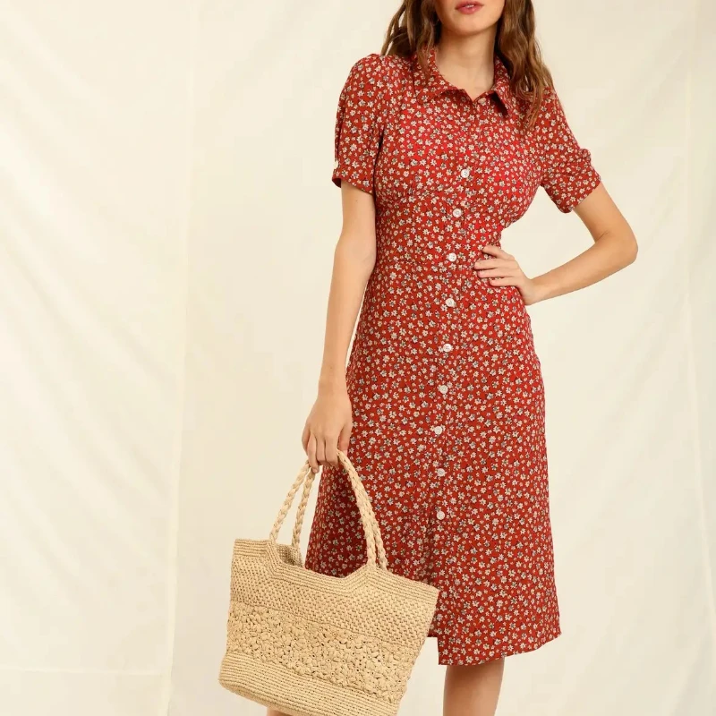 French Pastoral Viscose Print Lapel Puff Sleeve Midi Dress Female Commuter Single-breasted Short-sleeved Dress Elegant Robe