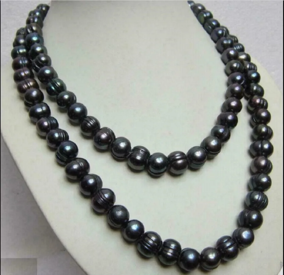 

36 inch rare Tahitian 11-12mm Nanhai Black Pearl Necklace 14K Gold Buckle