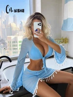 cnyishe summer mesh sheer see through sexy beach two piece skirt sets suits women costume ruched tassel mini skirts matching set