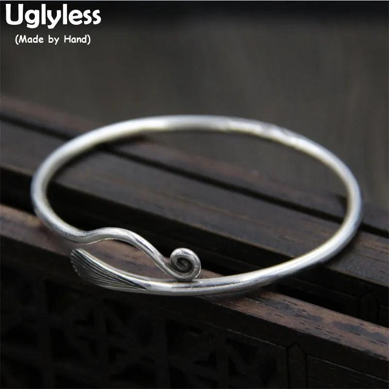 

Uglyless Real S 999 Silver Fine Jewelry for Women Simple Fashion Ethnic Curved Opening Bangles Handmade Engraved Stripes Bijoux